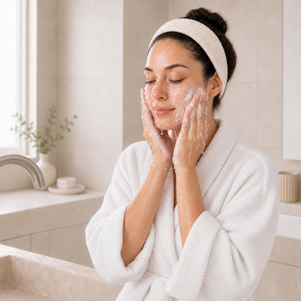 Woman washing her face with her hands