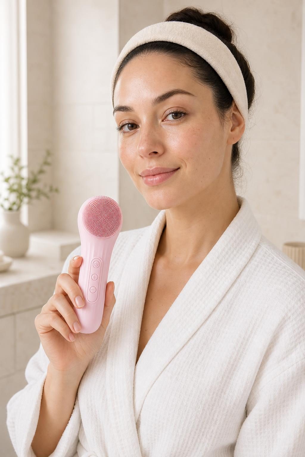 Woman with clean skin holding the Lumi Skin facial brush