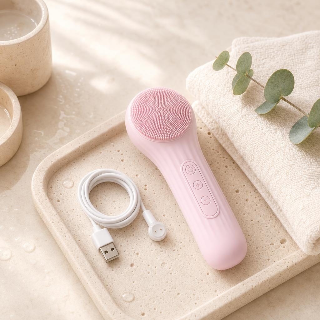 Lumi Skin brush with its magnetic charging cable on a stone tray